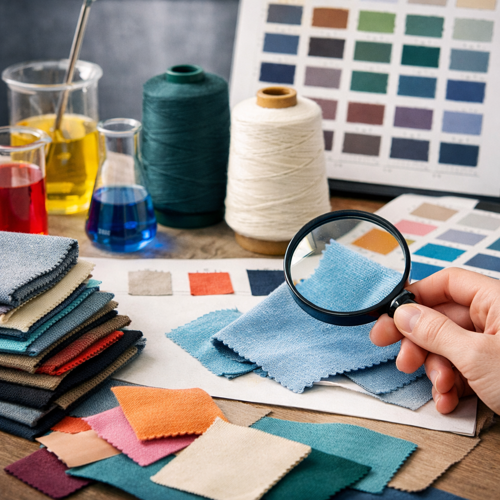 Fabric development and color matching process using swatches and color cards to create custom textile solutions for fashion brands