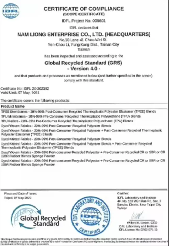 Global Recycled Standard certification for recycled materials used in sustainable and circular textile production