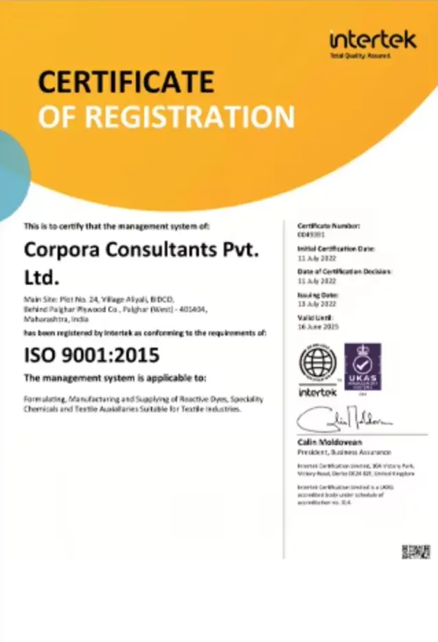 Intertek ISO 9001 certification ensuring high-quality textile manufacturing and continuous quality improvement