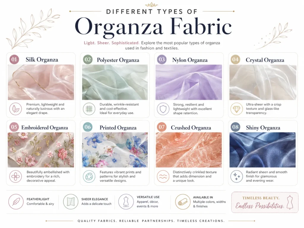 Different types of organza fabric including silk organza polyester organza nylon organza crystal organza embroidered organza printed organza crushed organza and shiny organza