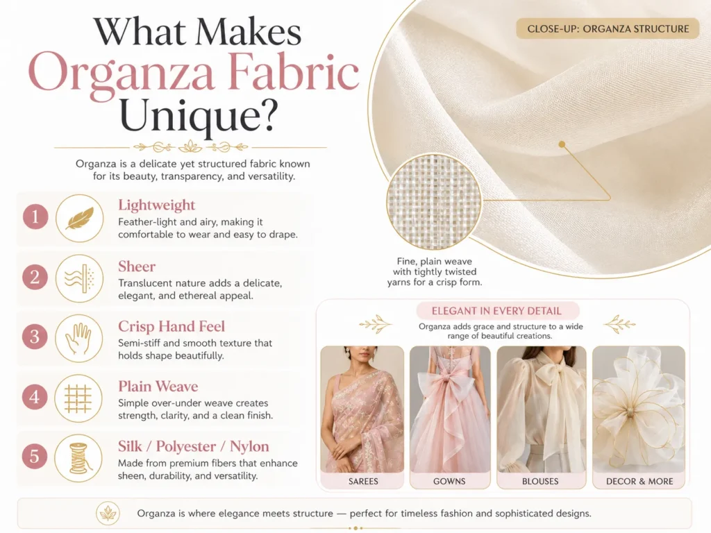 Organza fabric characteristics infographic showing lightweight sheer crisp hand feel plain weave structure and common fiber types