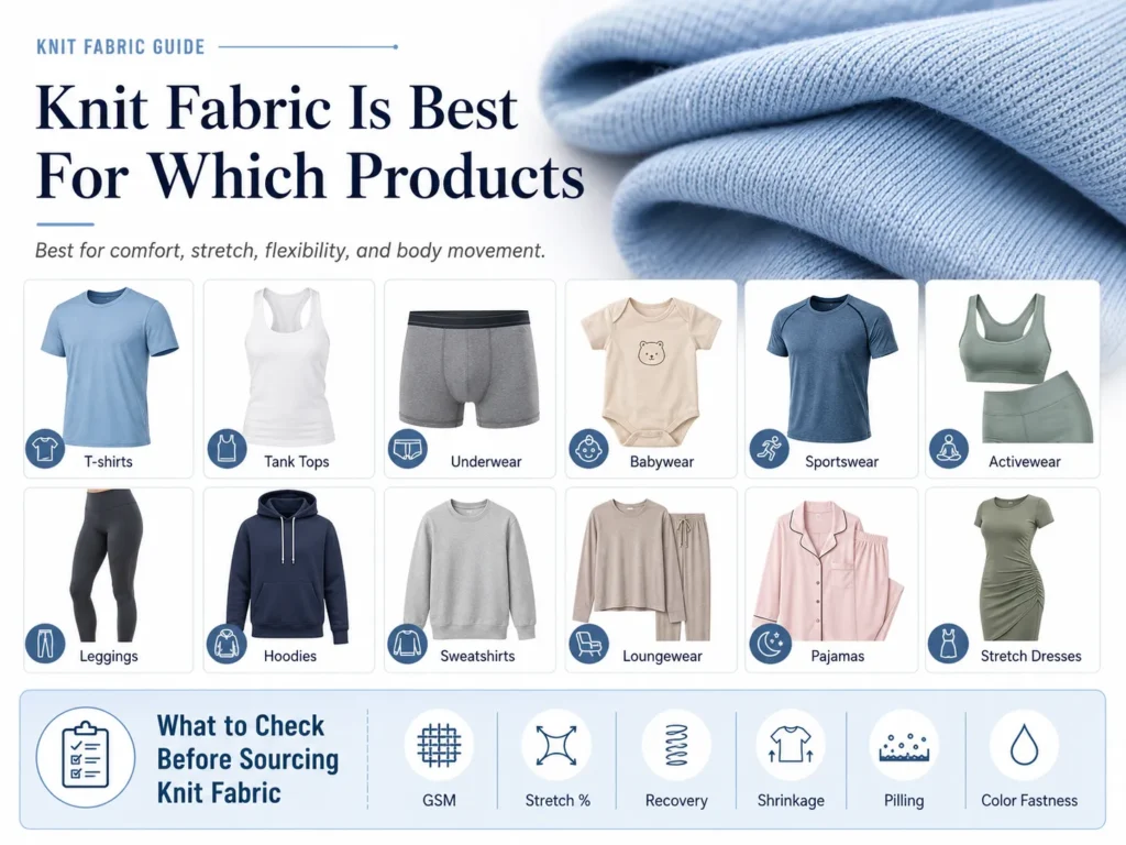 Knit fabric guide showing common apparel uses and key sourcing checks for comfort, stretch, and flexibility