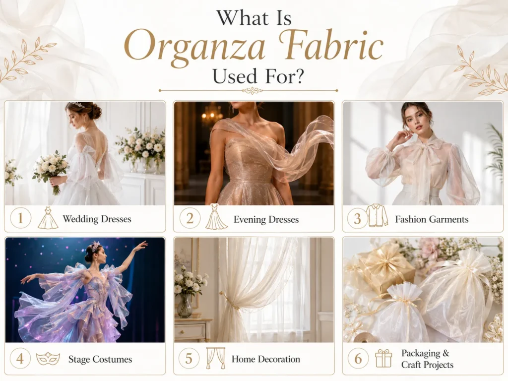 Organza fabric uses infographic showing wedding dresses evening dresses fashion garments stage costumes home decoration and packaging projects