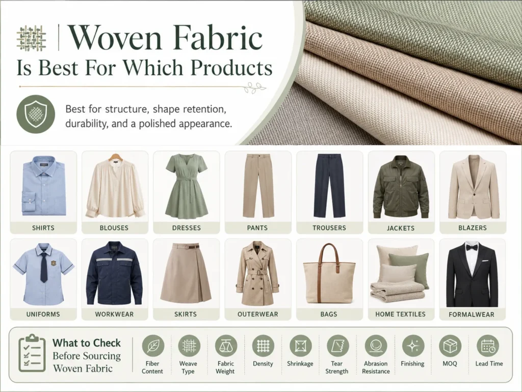 Woven fabric guide showing common apparel uses and key sourcing checks for structure, durability, and shape retention