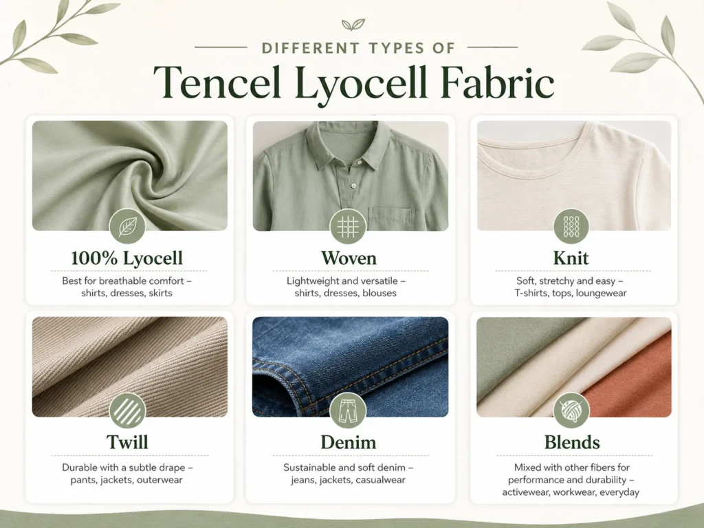 Different types of Tencel Lyocell fabric including 100% lyocell, woven, knit, twill, denim, and blended fabrics