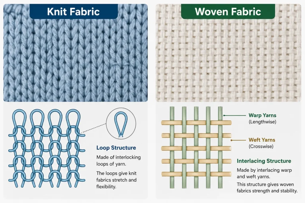 Knit fabric and woven fabric structure diagram showing interlocking loops and warp and weft yarn interlacing