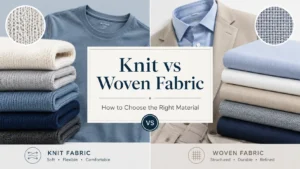 Knit vs woven fabric comparison showing knit garments, woven fabric rolls, and textile structure details for apparel material selection