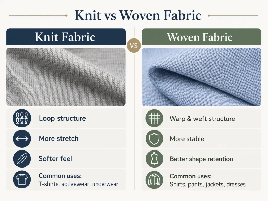 Knit vs woven fabric infographic comparing loop structure, stretch, softness, warp and weft structure, stability, and common apparel uses