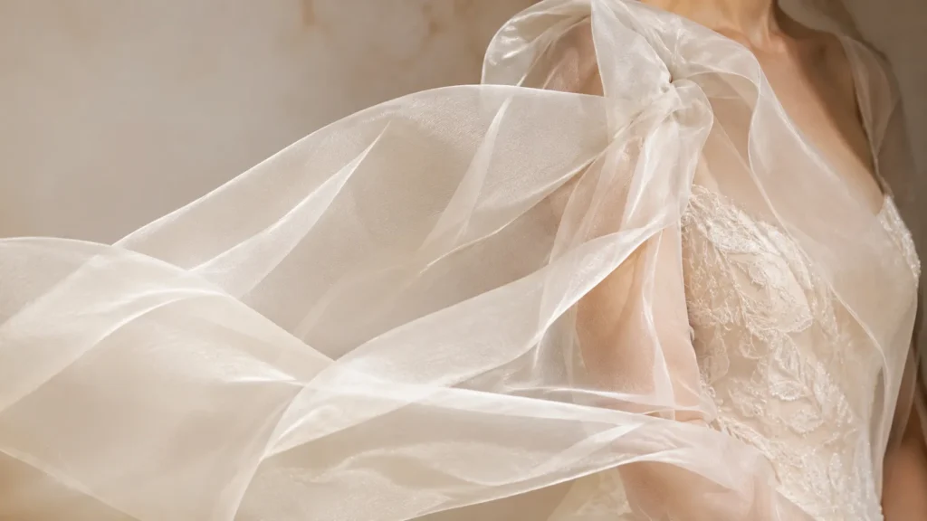 Sheer organza fabric used in bridalwear showing lightweight transparent and elegant fabric texture