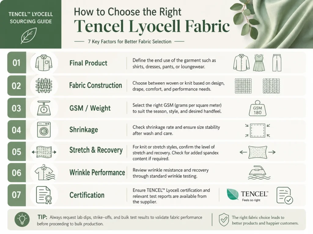 Tencel Lyocell fabric sourcing guide showing key factors such as final product, construction, GSM, shrinkage, stretch, wrinkle performance, and certification