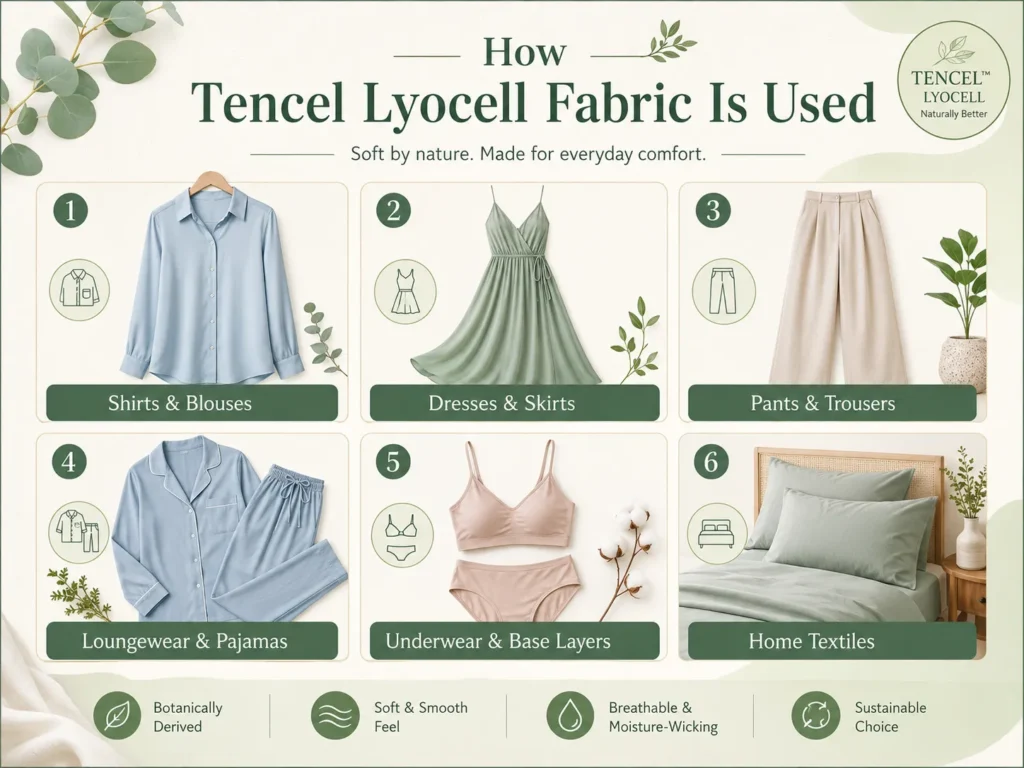 Tencel Lyocell fabric uses in shirts, dresses, pants, loungewear, underwear, base layers, and home textiles