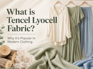 What is Tencel Lyocell fabric cover image showing soft modern clothing, wood-based fiber, and smooth draping fabric