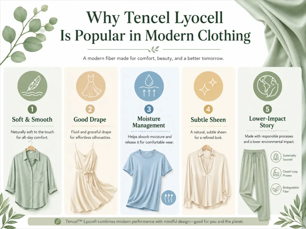 Why Tencel Lyocell fabric is popular in modern clothing showing softness, drape, moisture management, subtle sheen, and lower-impact benefits